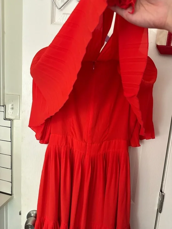 Kate Spade Red Pleated Cape Sleeve Midi Dress - Picture 9 of 11